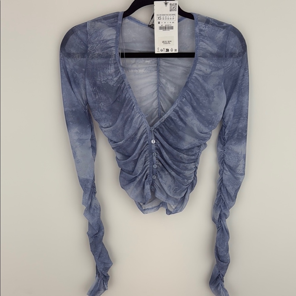 Blue Ruched sheer Long Sleeve Top